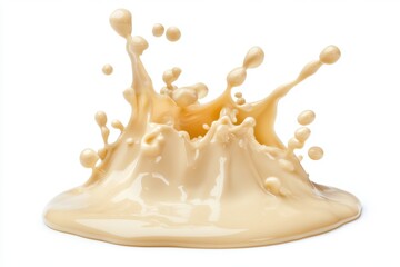 Poster - A vibrant splash of creamy liquid with droplets suspended in mid air against a white background