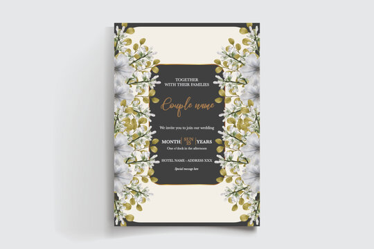 WEDDING INVITATION FRAME WITH FLOWER DECORATIONS AND FRESH LEAVES