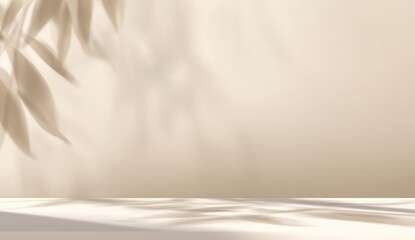 Poster - Soft shadows of leaves fall on a beige wall and surface, creating a calm, minimal, and natural backdrop.