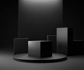 Poster - Minimalist black geometric podiums are dramatically lit on a dark background, creating a modern and elegant display scene.