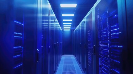 Poster - Cool-toned server hallway bathed in intense blue lighting with LED-lit racks, suitable for IT service visuals, cloud solutions, data storage, and cybersecurity branding