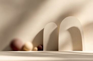 Poster - Minimalist abstract scene with curved arches and soft, blurred geometric shapes in neutral tones.