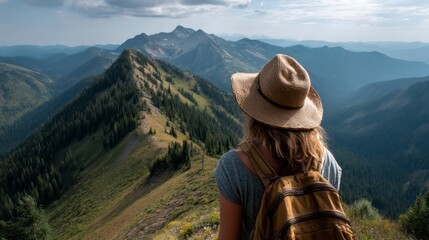 Poster - A young woman stands atop a scenic mountain ridge, wearing a straw hat and backpack. Surrounded by rolling hills and tall pines, she gazes into the distance, reveling in nature's beauty
