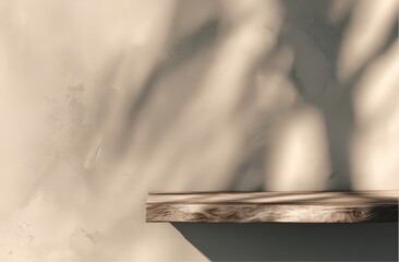 Poster - Minimal wooden shelf on a textured beige wall with soft natural shadows.