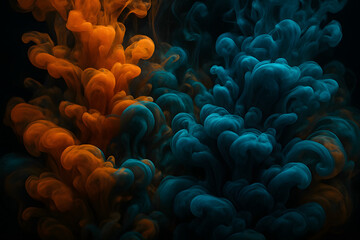 Poster - Abstract Ink Fusion: Dynamic interplay of vibrant orange and blue ink clouds swirling together, creating a mesmerizing visual symphony of color and form.