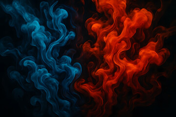 Poster - Enigmatic Dance of Smoke and Color: Abstract swirls of vibrant blue and fiery red smoke intertwine on a dark background, creating a visually stunning and captivating display of energy and contrast.