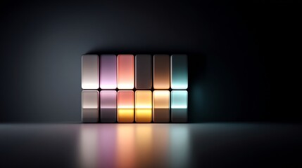 Poster - Chromatic block array illuminating a pristine surface in a darkened space