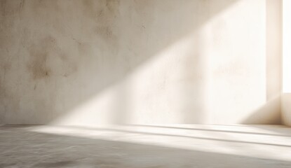 Poster - Sunlight streams through a window, casting bright geometric shadows across an empty, textured room with plain walls and a smooth floor.