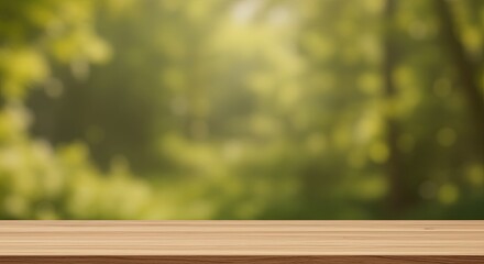 Poster - A wooden table with a view of a forest