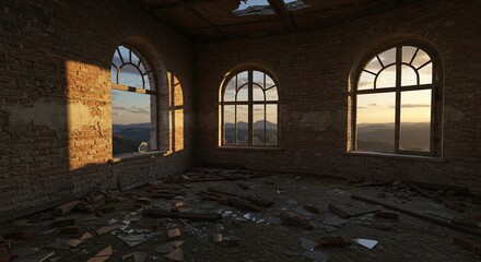 Poster - A room with three windows and a brick wall