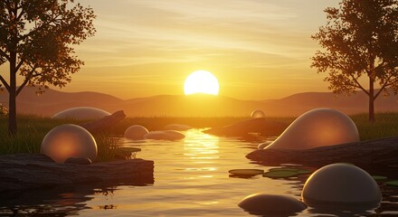 Poster - A sunset over a body of water with a few rocks in the foreground
