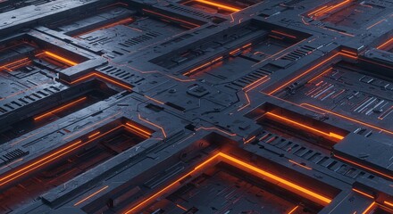 Poster - A futuristic cityscape with orange lights and black metal structures