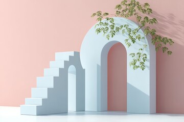 Poster - Minimalist scene with pastel stairs, an archway, and a leafy branch against a soft pink wall.