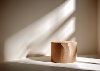 Poster - Minimalist wooden stool in a sunlit room with striking shadows on a neutral wall.