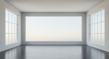 Poster - A large, empty room with two windows and a white wall