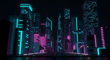 Poster - A cityscape with neon lights and buildings in the background