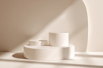 Poster - Minimalist cream-colored podiums in a softly lit, modern setting with geometric shadows and smooth, clean lines.
