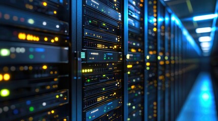 Poster - Close-up of active server racks with glowing yellow and green LED lights in a blue-lit corridor, ideal for illustrating network operations, data systems, and IT infrastructure