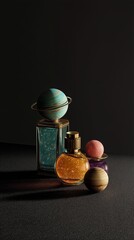 Poster - Decorative glass bottles resembling planets and celestial bodies arranged on a dark surface in an artistic composition
