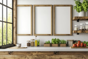 Poster - Natural Kitchen Interior with Wooden Accents Bright Window and Three Frames in Rustic Style Close Up Shot