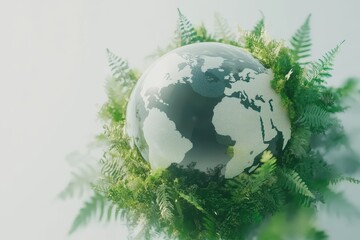 Poster - Earth globe surrounded by vibrant green fern fronds representing a sustainable future and environmental consciousness