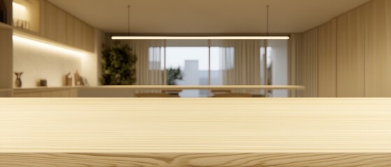 Poster - Wooden table in a blurry modern kitchen interior home decor minimal design with window scene bright light background