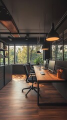 Leinwandbilder - Contemporary office space showcasing a minimalist design with warm wooden tones and abundant natural light enhancing work productivity