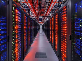 Leinwandbilder - Captivating View of a Data Center Server Room with Vibrant Lights and Complex Cable Network Architecture