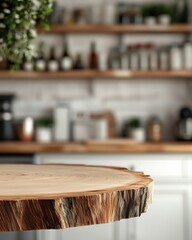 Poster - Rustic Wood Tabletop in a Bright Kitchen Warm Wood Surface for Product Mockup Presentation
