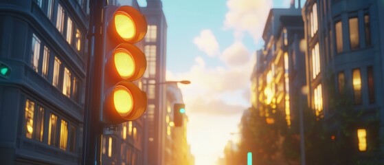 Poster - Cityscape at Sunset with Traffic Light Casting a Warm Glow on Buildings and Sky Optimizing the Urban Scene