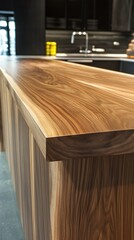 Aufkleber - Luxurious wood grain kitchen island counter modern interior design warm natural light closeup detail shot