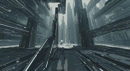 Poster - A futuristic cityscape with tall buildings and a large empty space in the middle