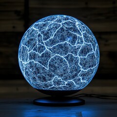 Poster - Electrostatic plasma globe emitting vibrant blue energy in a dark room creating electrifying atmosphere