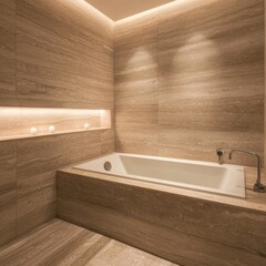 Poster - Modern Bathroom Interior with Beige Marble Tiles Bathtub Faucet and Three Candles Enhancing Relaxing Mood Serene Spa Ambiance Luxury and Comfort