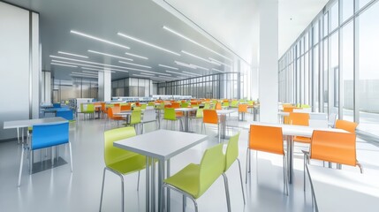 Aufkleber - Modern cafeteria interior with colorful chairs and tables in a spacious hall filled with sunlight