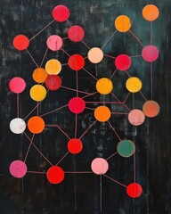 Poster - Vibrant Network of Connected Colorful Circles on Dark Textured Canvas Contemporary Abstract Art