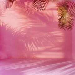 Poster - Tropical scene with pink wall and palm leaf shadows creates dreamy vibrant backdrop and space