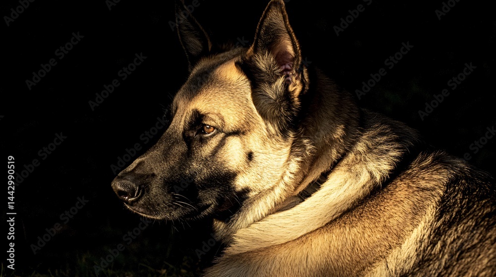 Shadow Malinois Belgian Malinois emerging from darkness, front half softly lit, back ...