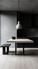 Aufkleber - Serene interior showcasing a modern dining table pendant light black accent wall with subtle shadows minimalist design