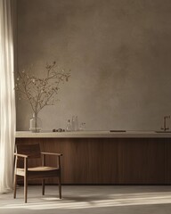 Poster - Serene kitchen scene in neutral tones minimalist style with elegant wooden chair and organic elements