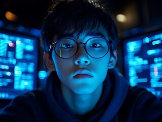 young man intensely focused on computer screens