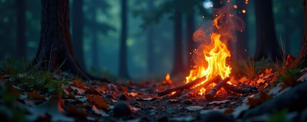 Wall Mural - the fire crackles and spits in the darkness of the forest, fire,, branches