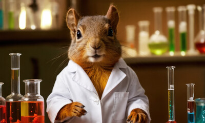 Poster - A curious squirrel wearing a lab coat stands next to various test tubes, perfect for science or education-related projects