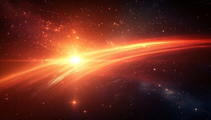 Poster - Glowing red light streaks across the background, with dark, abstract lights and stars, creating a space or futuristic technology background.