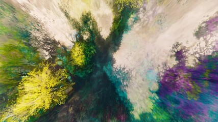 Poster - Abstract painting featuring vibrant green and purple shades alongside bright yellow brush strokes