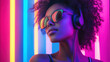 © sarayut - Stylish Young Woman with Headphones in Vibrant Neon Light Portrait