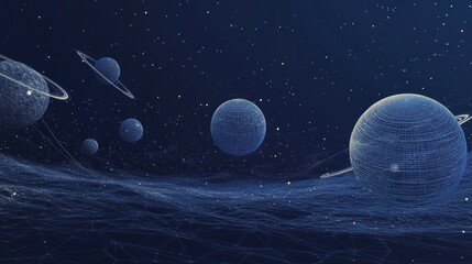 Poster - wireframe planets and stars in a dark blue space.