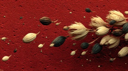 Poster - Dry flower seeds on a textured red background presenting natural beauty