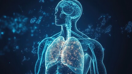 Poster - human body's respiratory system with glowing lungs and brain, particles floating around.