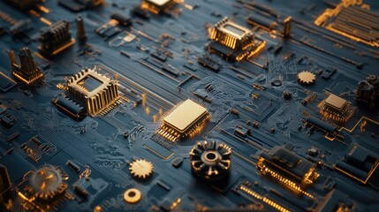 Fototapete - Close-up of a circuit board with gold-colored components.